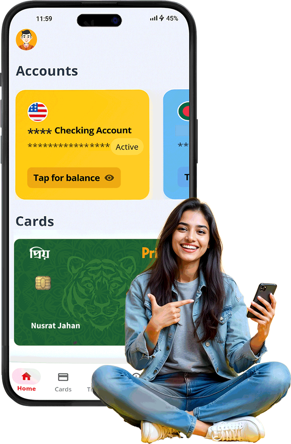 Priyo mobile app interface showing accounts and cards
